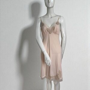 Ethereal Vintage Blush Pink Slip – Lace Trim Satin Nylon Nightgown Dress M